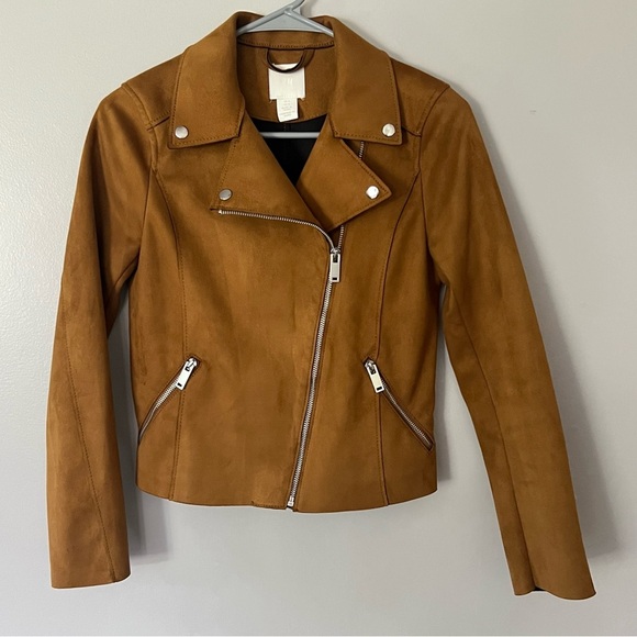 H&M Faux Suede Moto Jacket Camel Size 0 XS Classic Chic Urban Streetwear Edgy - Picture 11 of 11